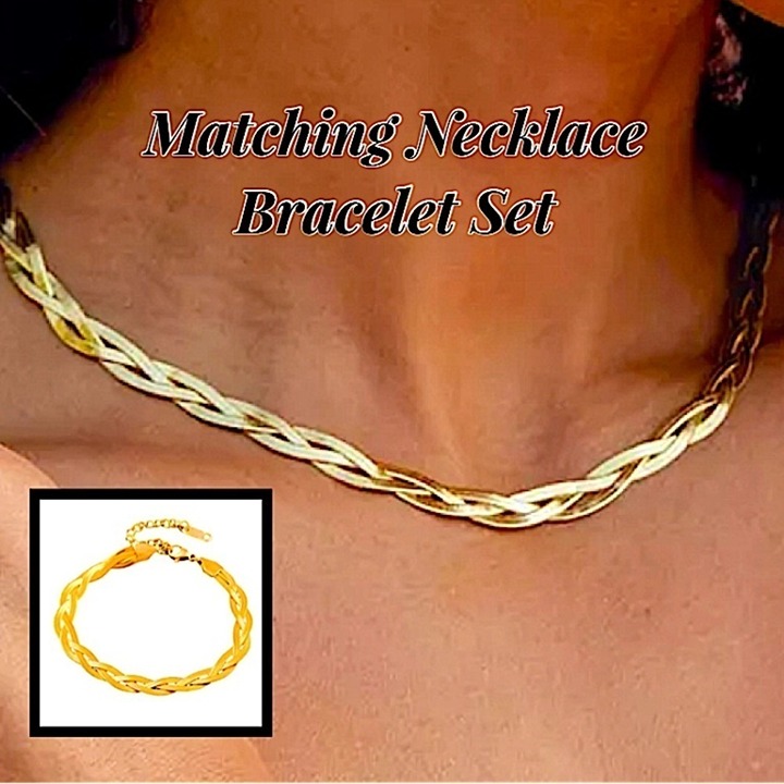 Braided Twisted Gold Plated Herringbone Flat Necklace Matching Bracelet Set