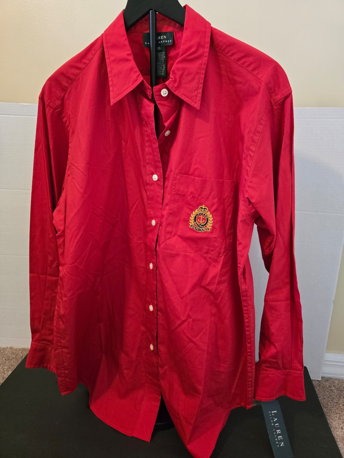 VTG Ralph Lauren Women's Red CROWN CREST Blouse Sz 14 100% Cotton NWT