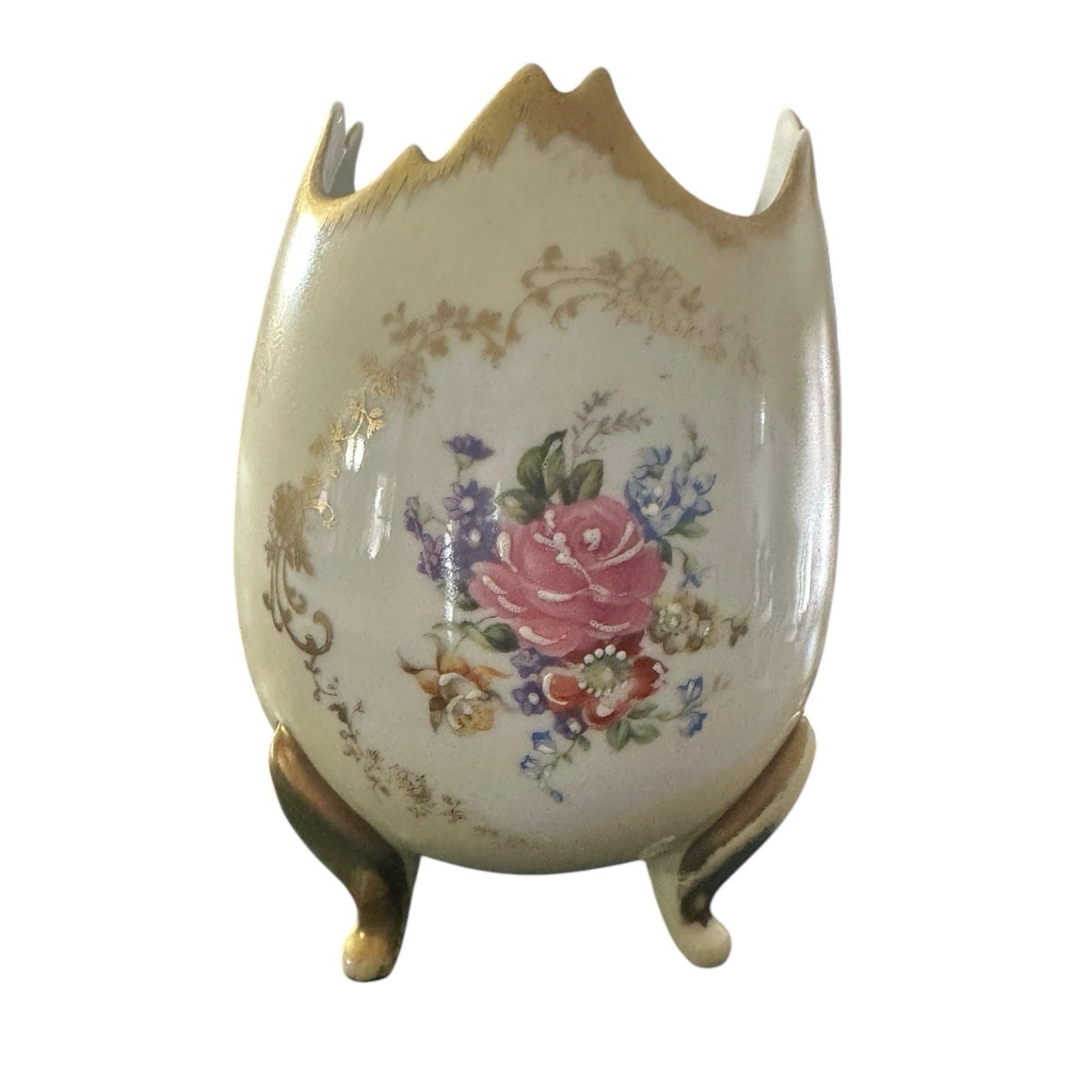 Vintage Couleuvre Beige & Gold Floral Ligne Limoise Cracked Egg Made In France