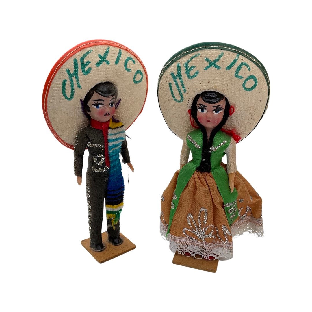 Pair Of Kitsch 6” Vintage Traditional Mexico National Costume Souvenir Dolls