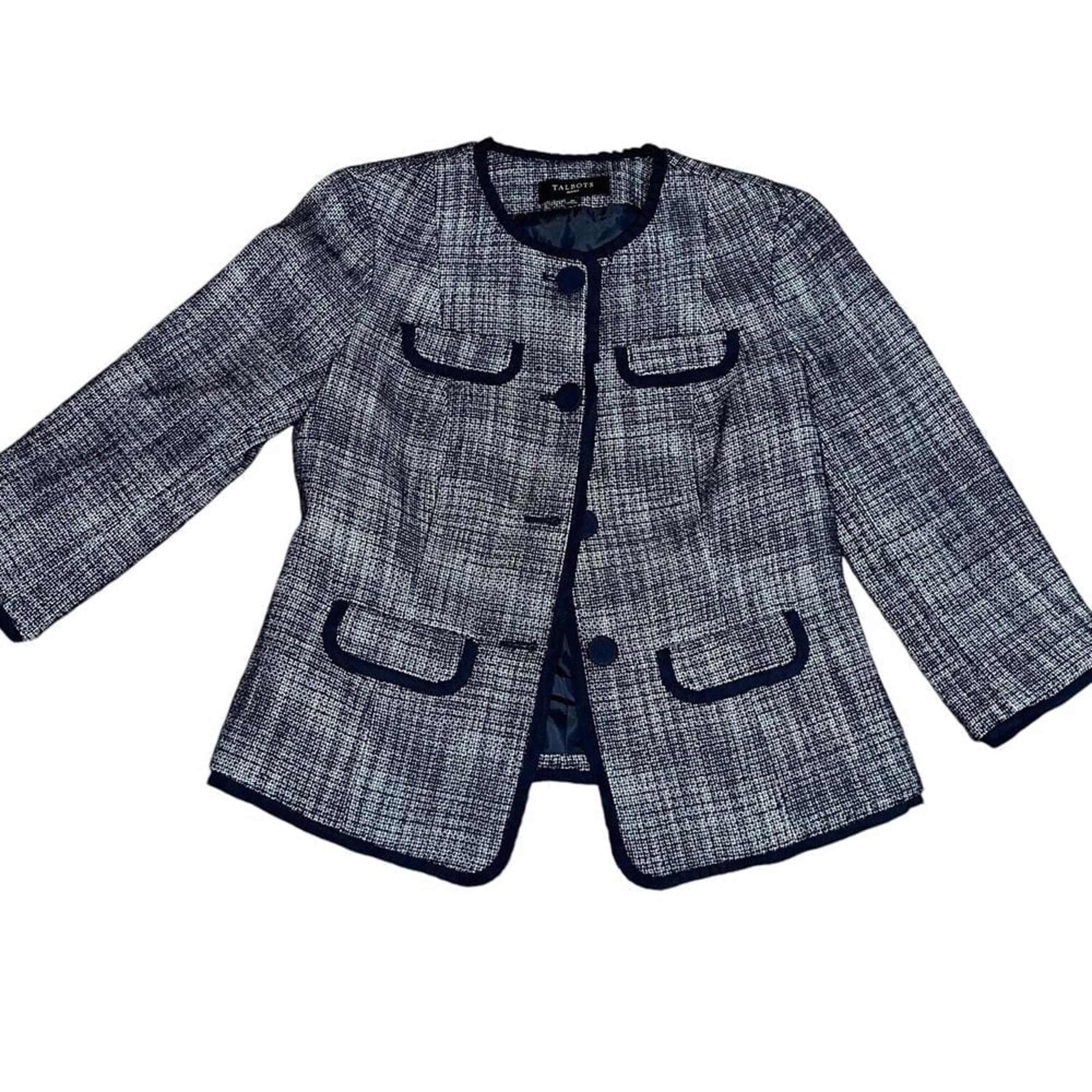 Talbots Women's Blue Tweed Wool Blazer Size 8 Petite 3 Button Office Work Casual
