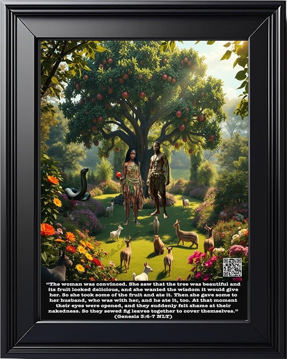 Canvas Vibrant Adam & Eve in Enchanting Garden of Eden: Captivating Disobedience