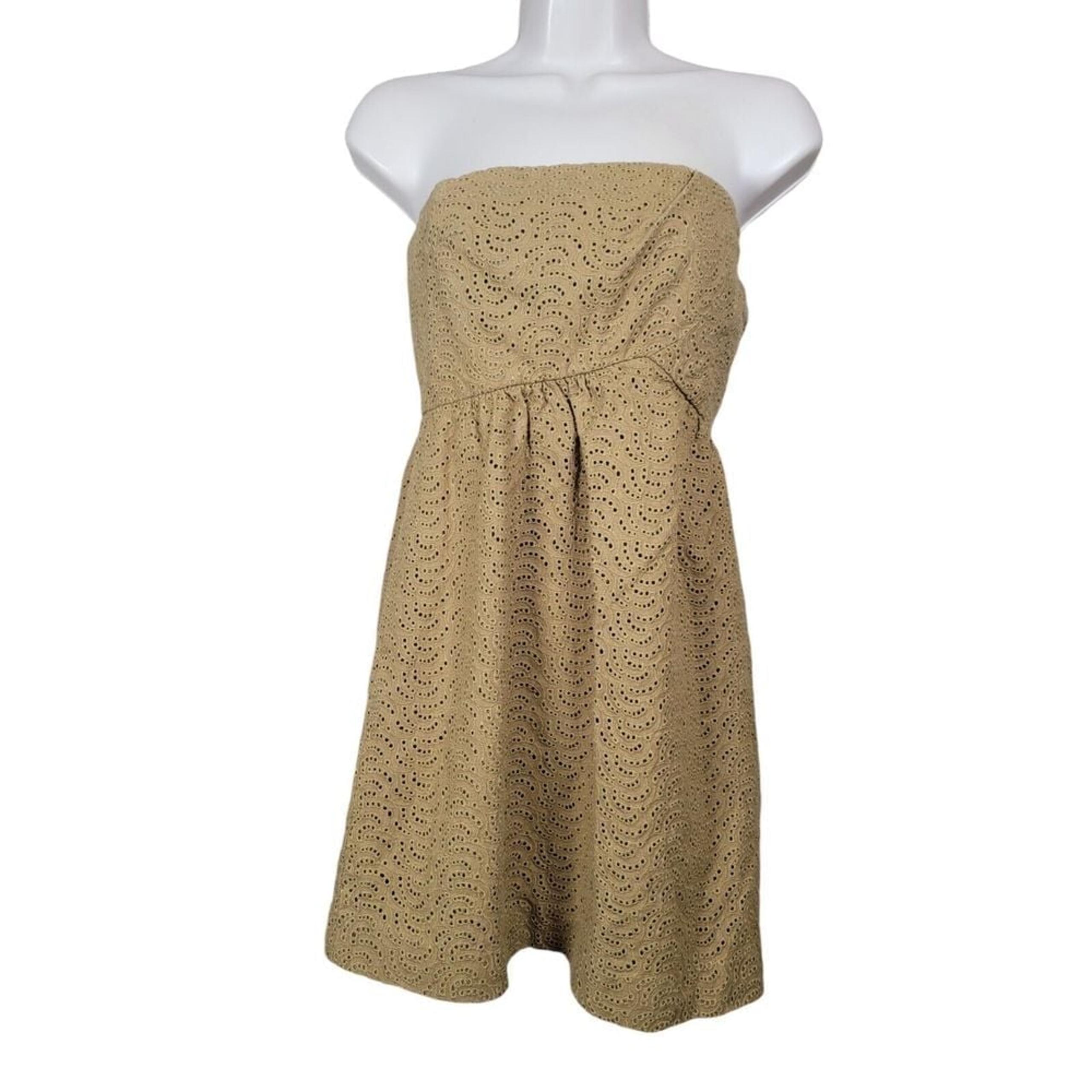 Tibi Women Size 6 Dress Romper Gold Eyelet Lined Strapless 100% Linen