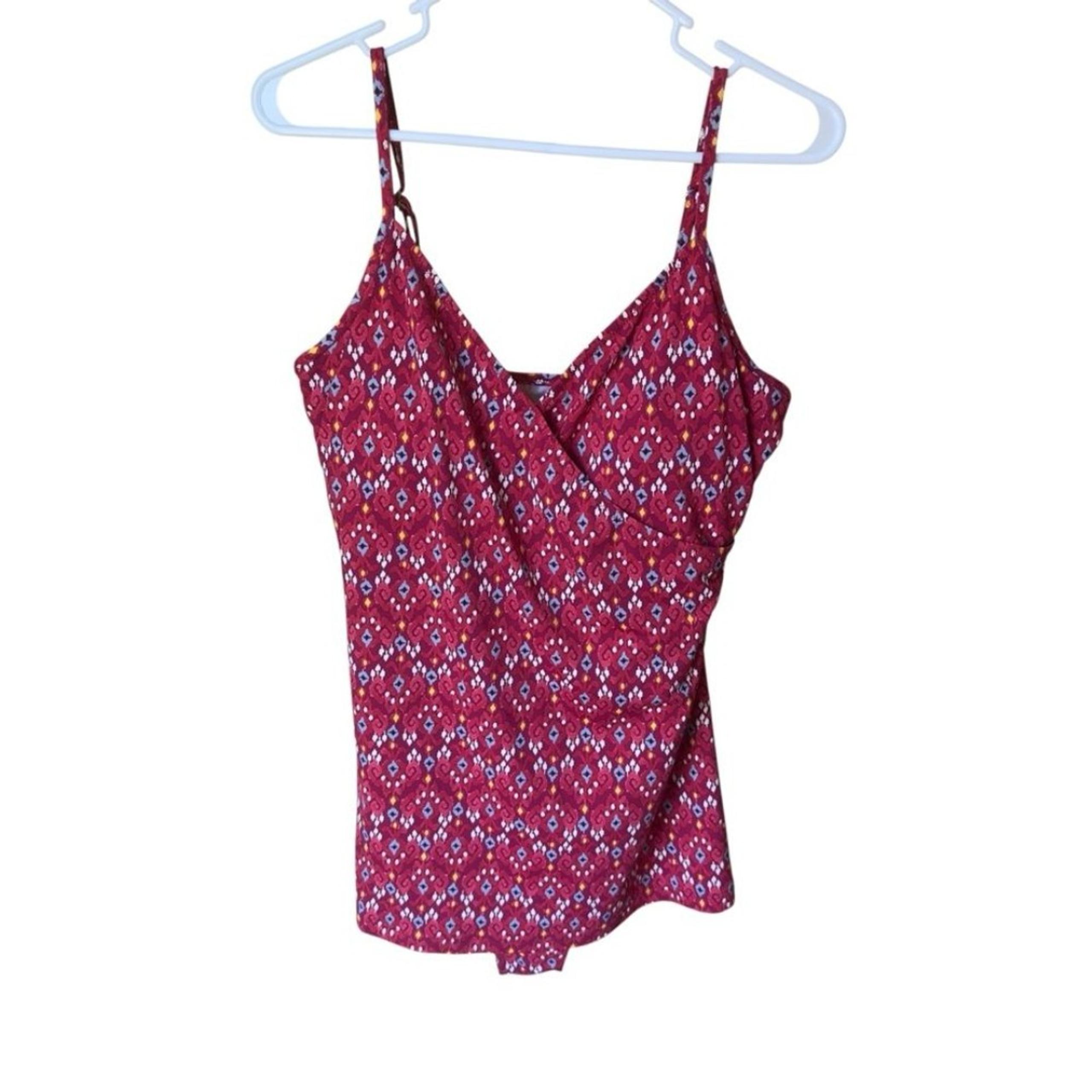 Garnet Hill Red Geometric Print Built-In Bra Tankini Swim Top Size 14