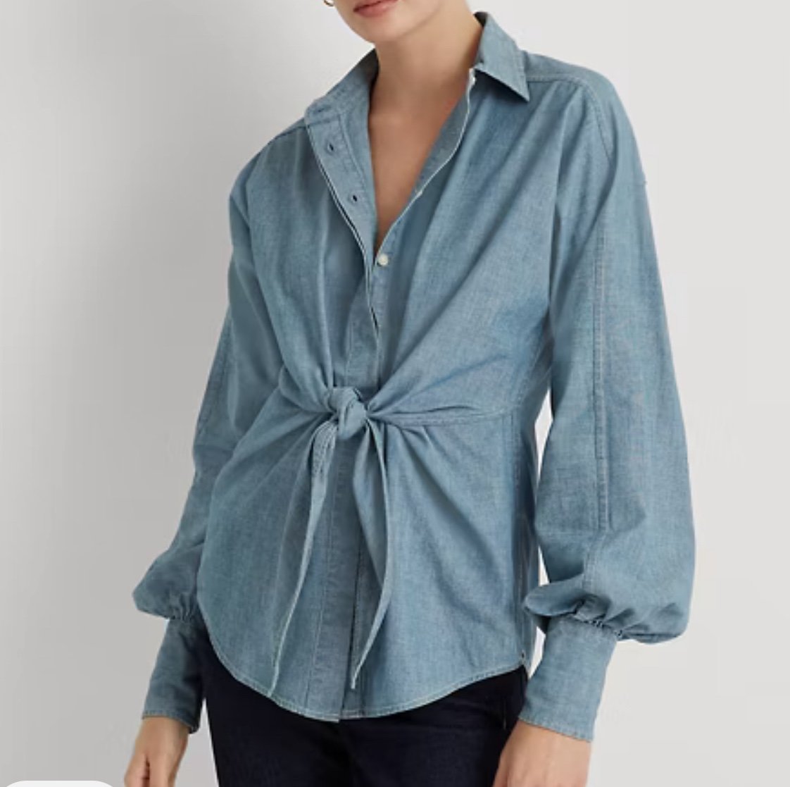 Lauren Ralph Lauren Women’s Tie Front Chambray Shirt Blouson Sleeves Sz Large/P