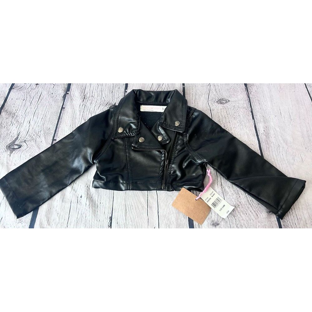 Young Girl Black Faux Leather Biker / Motorcycle Baby Girl Jacket Sz 3-6 Mos