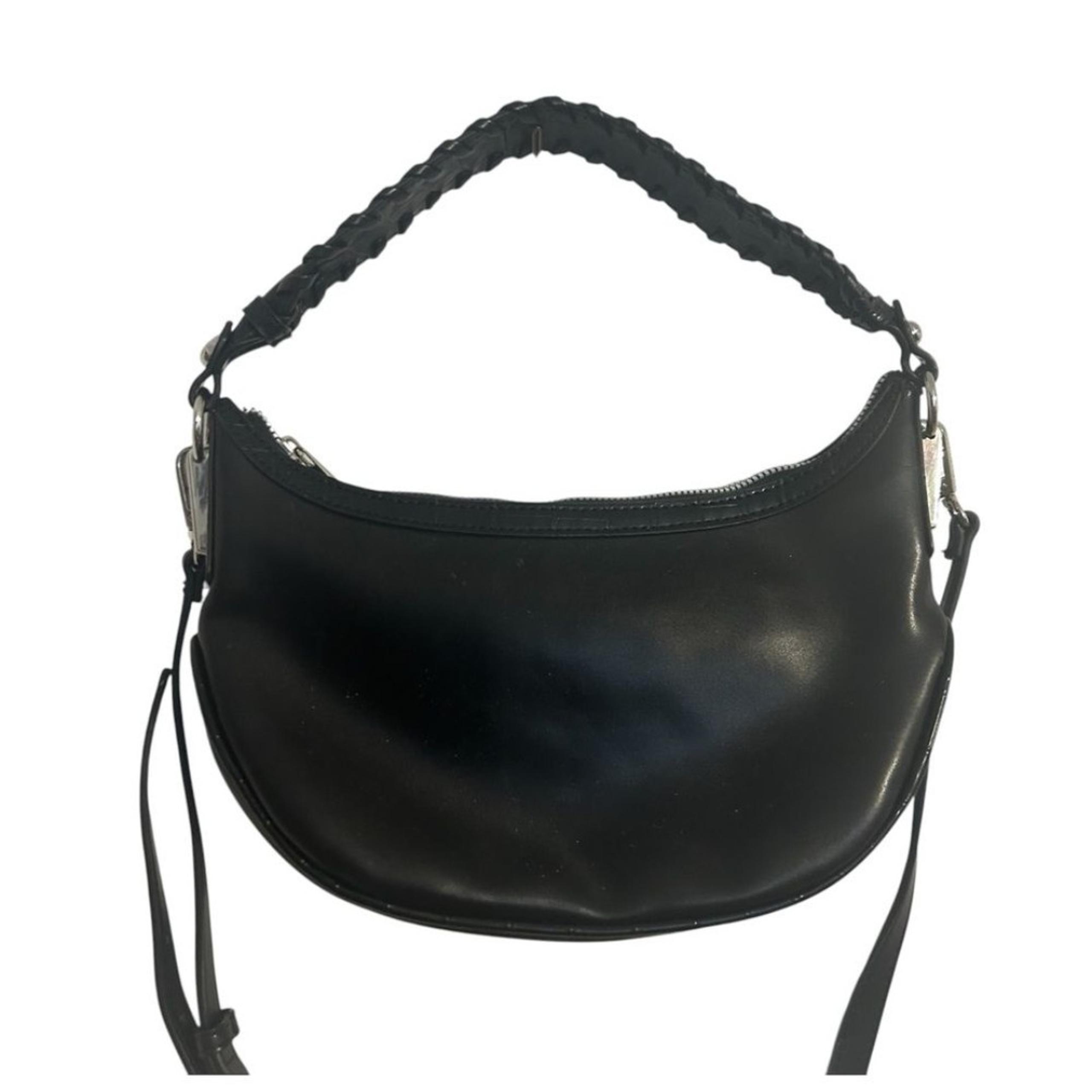Black faux leather crossbody braided shoulder strap moon silver zippered purse