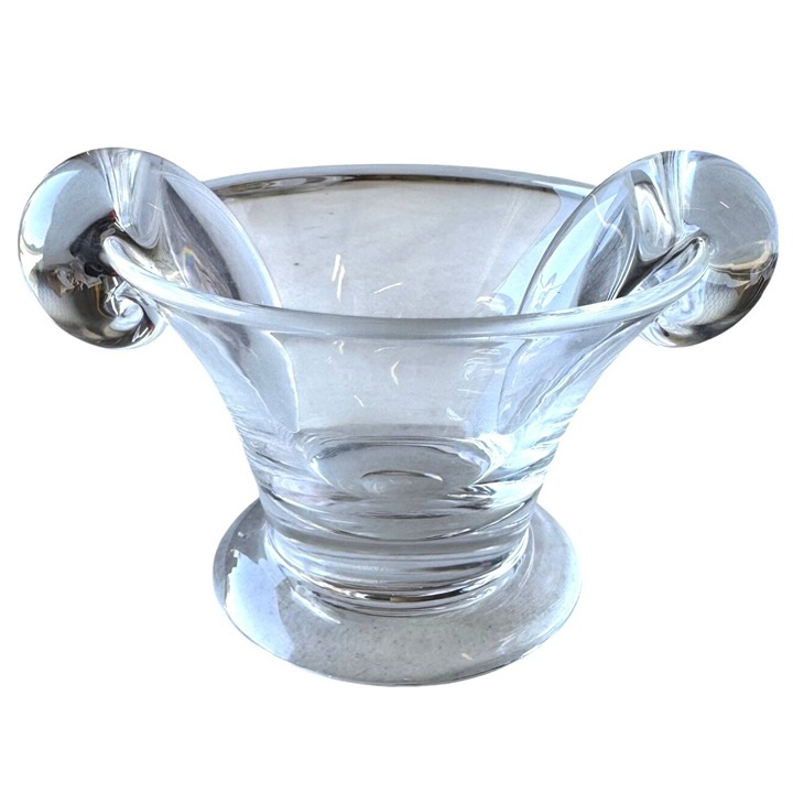 Signed Steuben Crystal Art Glass Bowl with Double Scroll Handles