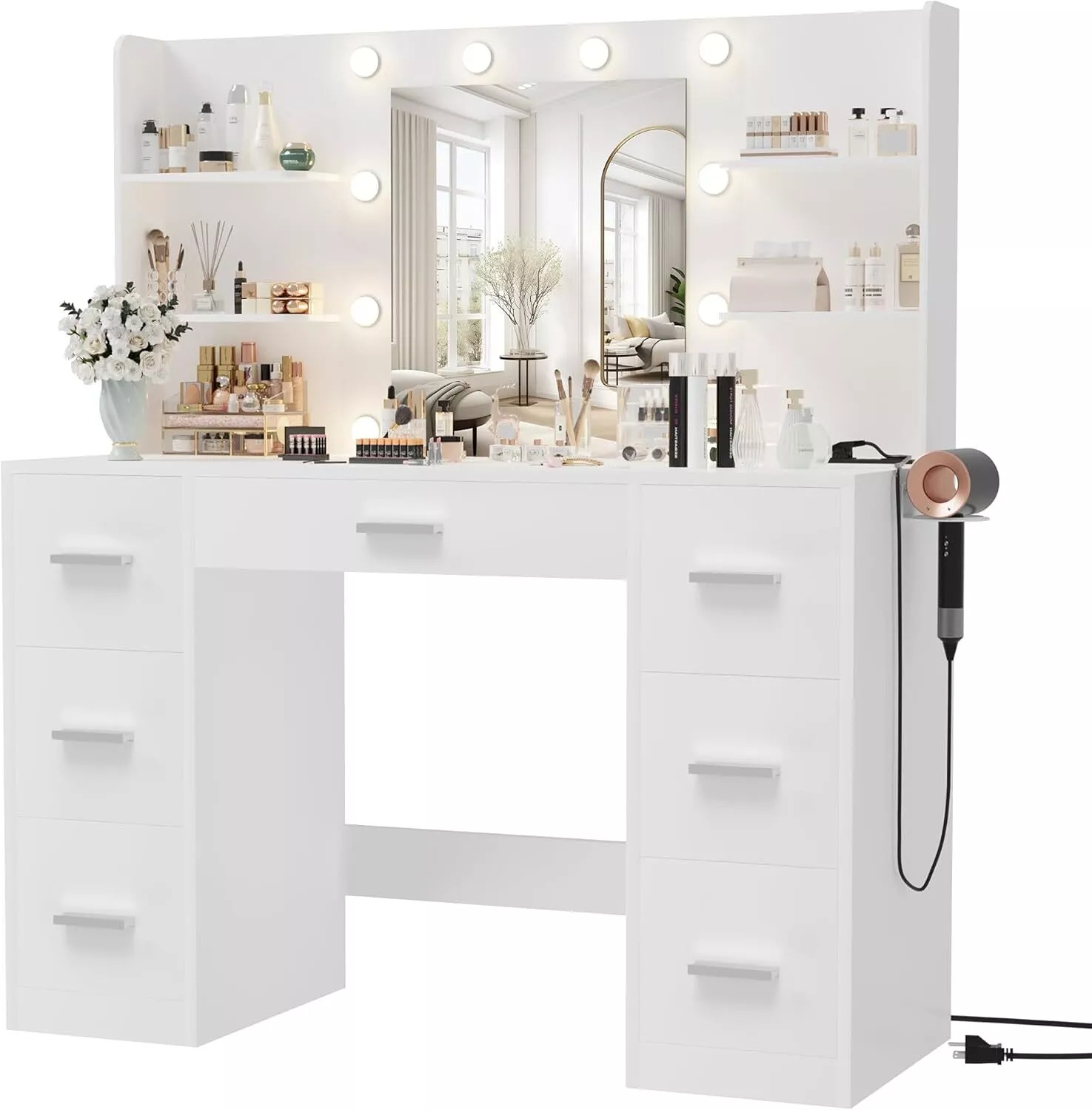 Vanity Desk Mirror LED Lights and Power Outlet Makeup Vanity Table