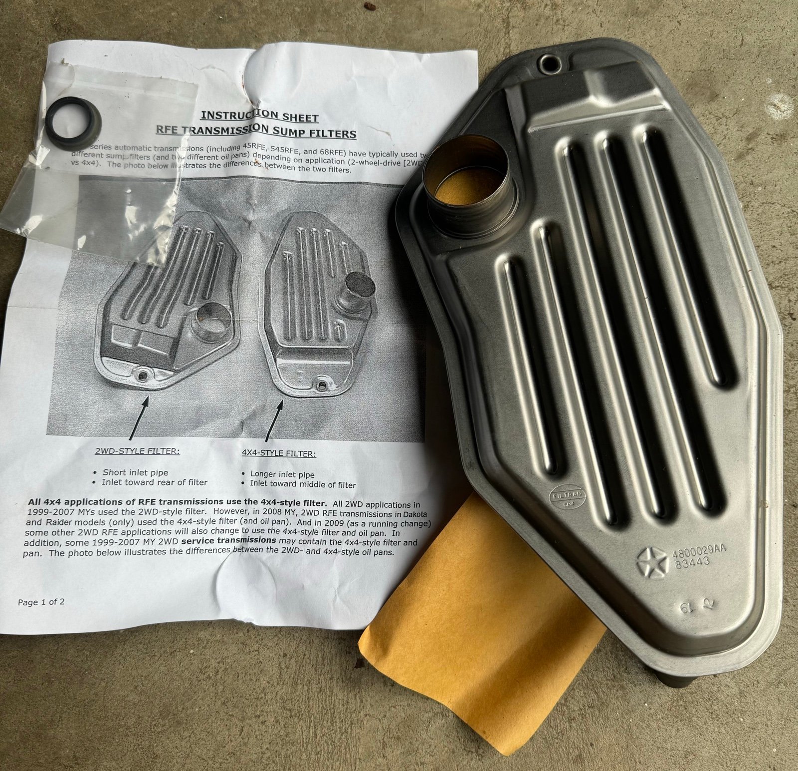 Auto trans filter filter kit, Mopar 05015267AD