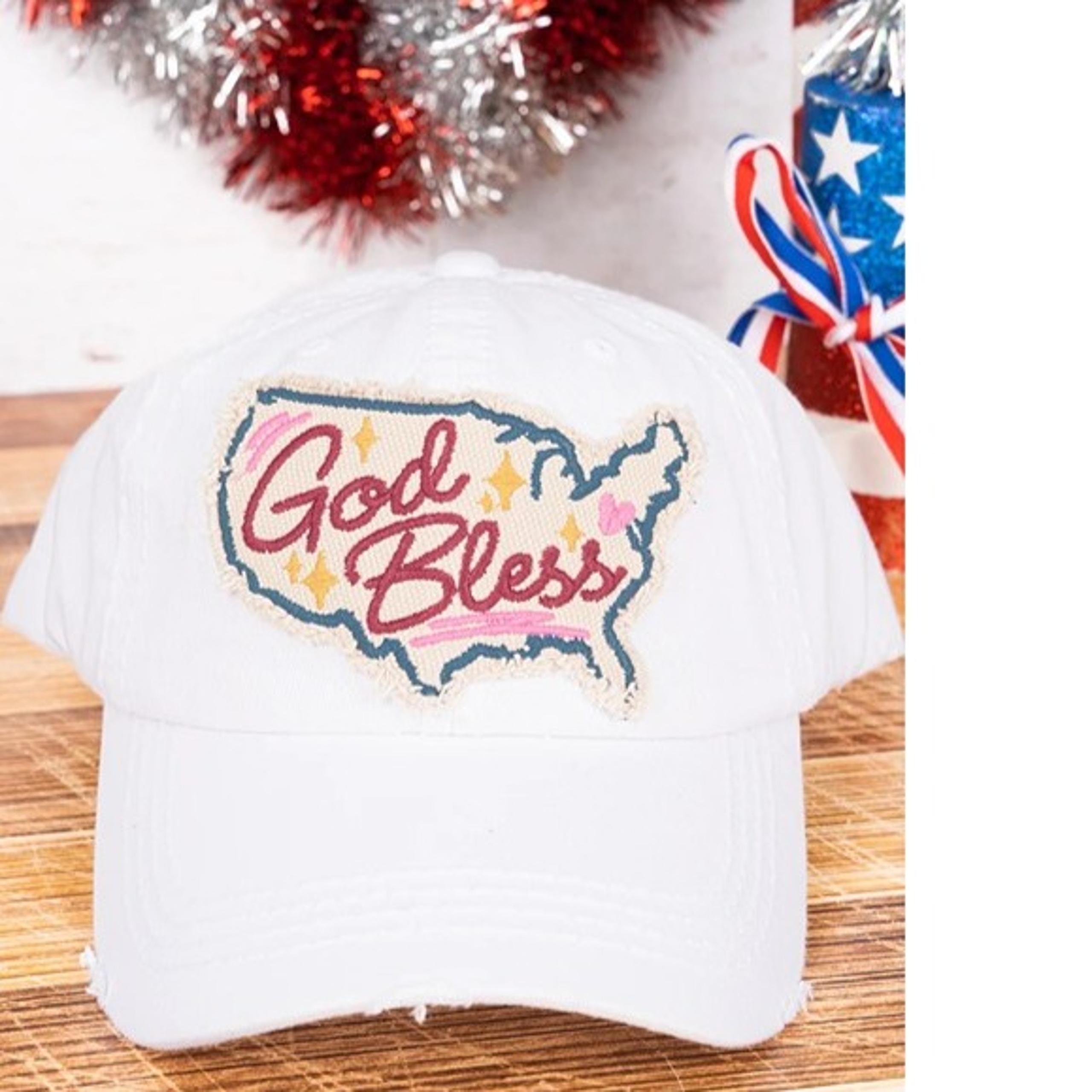 NWT *BOUTIQUE* DISTRESSED WHITE 'GOD BLESS' AMERICA HAT      **PATRIOTIC**
