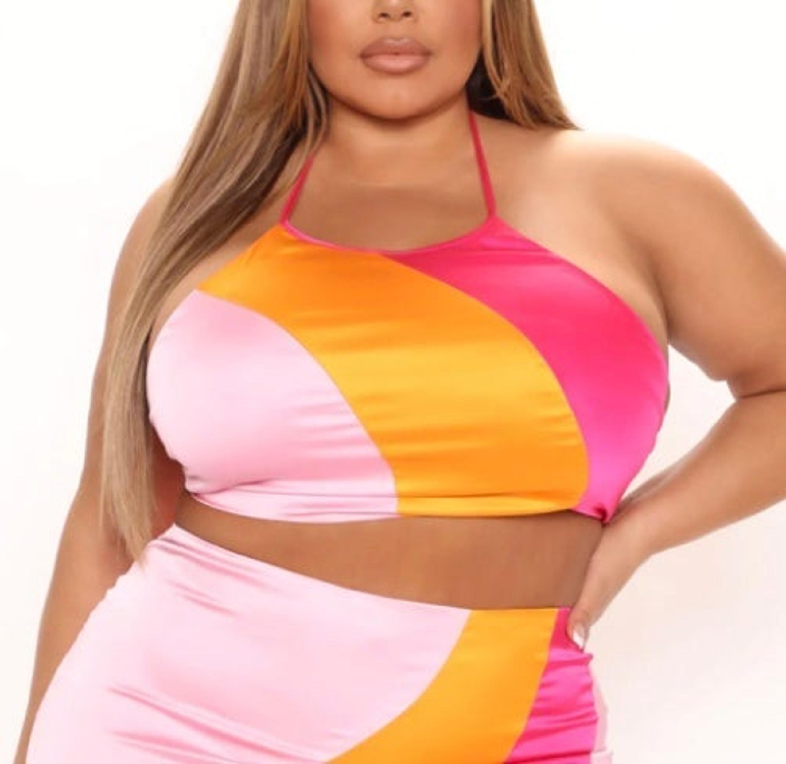 NEW! Fashion Nova Seeet For You Pink Combo Open Back Halter Satin Crop Top 1X