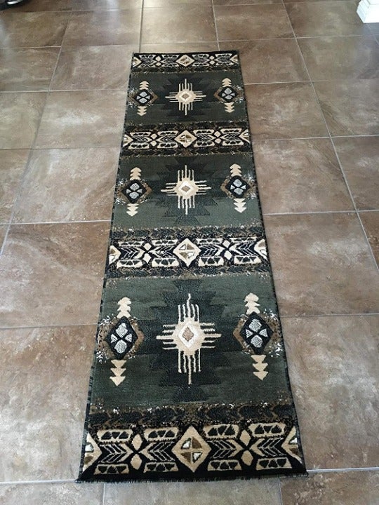 runner area rug native design sage green