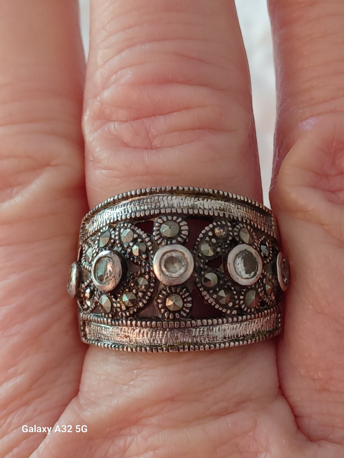 Vtg.Sterling silver FAS Marcasites & cz flower Band ring- sz8