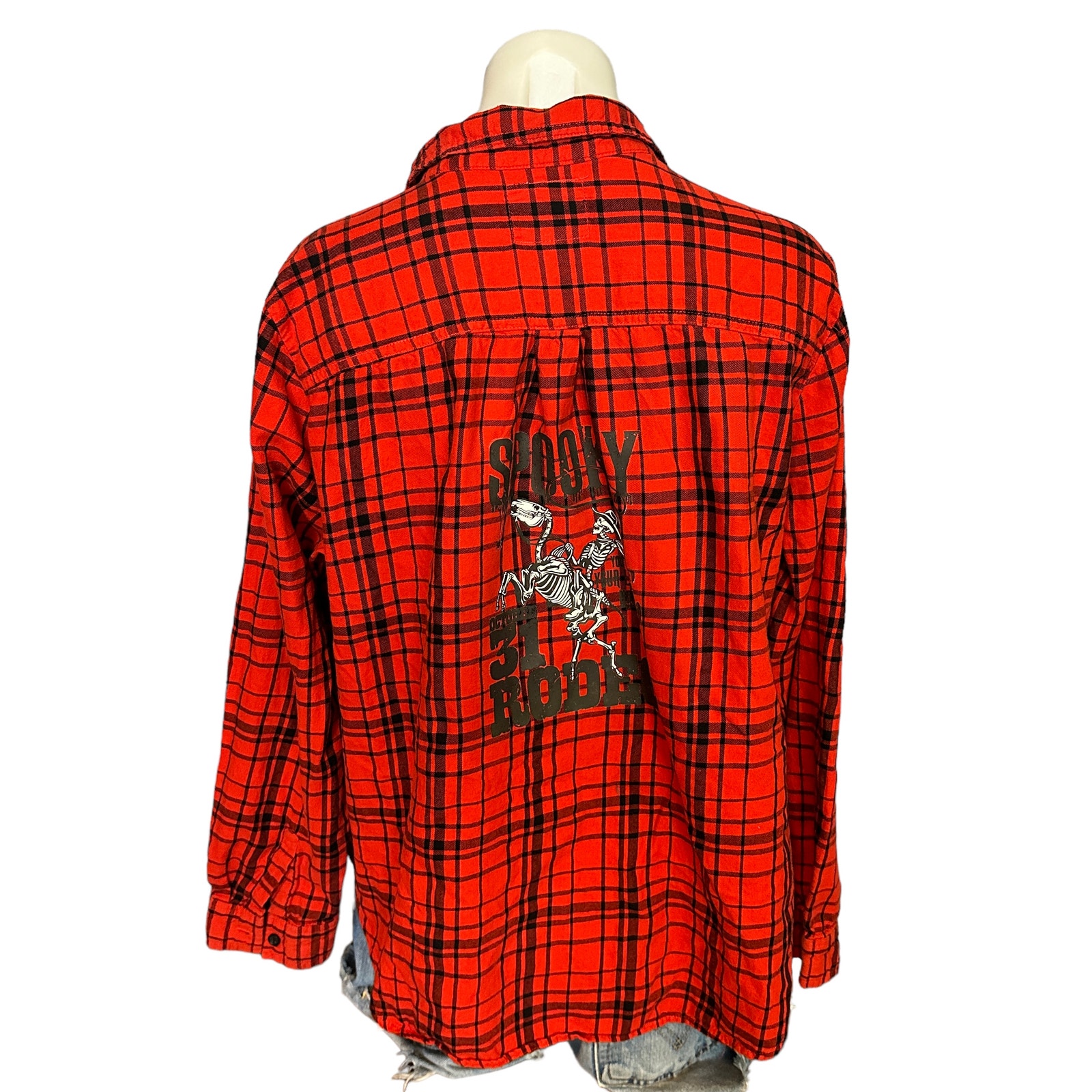 Skelton Cowboy Flannel Plaid Shirt XL Red Oversize Unique Upcycle Halloween