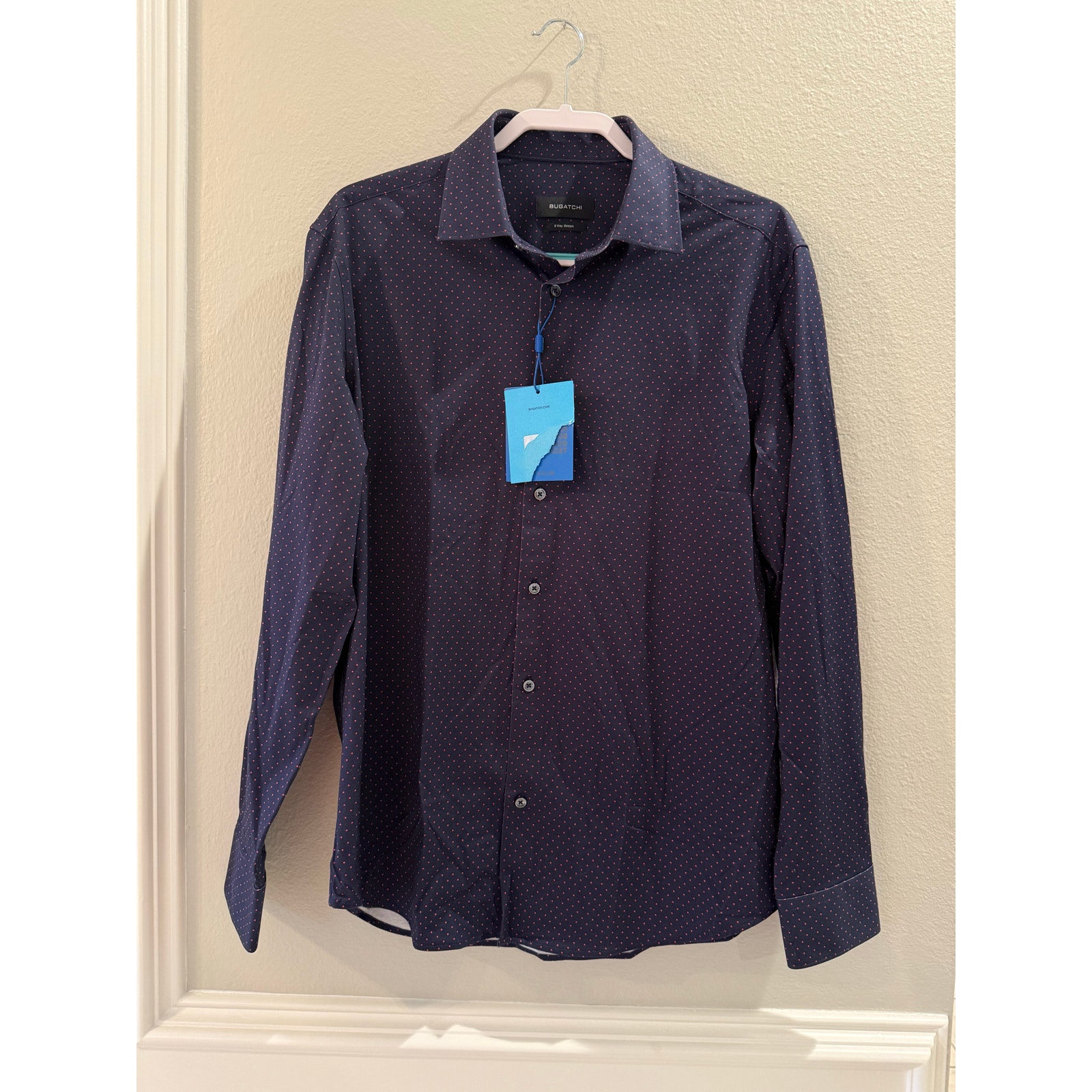 Bugatchi NWT Men's 8 Way Stretch Navy Pink Dot Button Up Long Sleeve Sz L Shirt