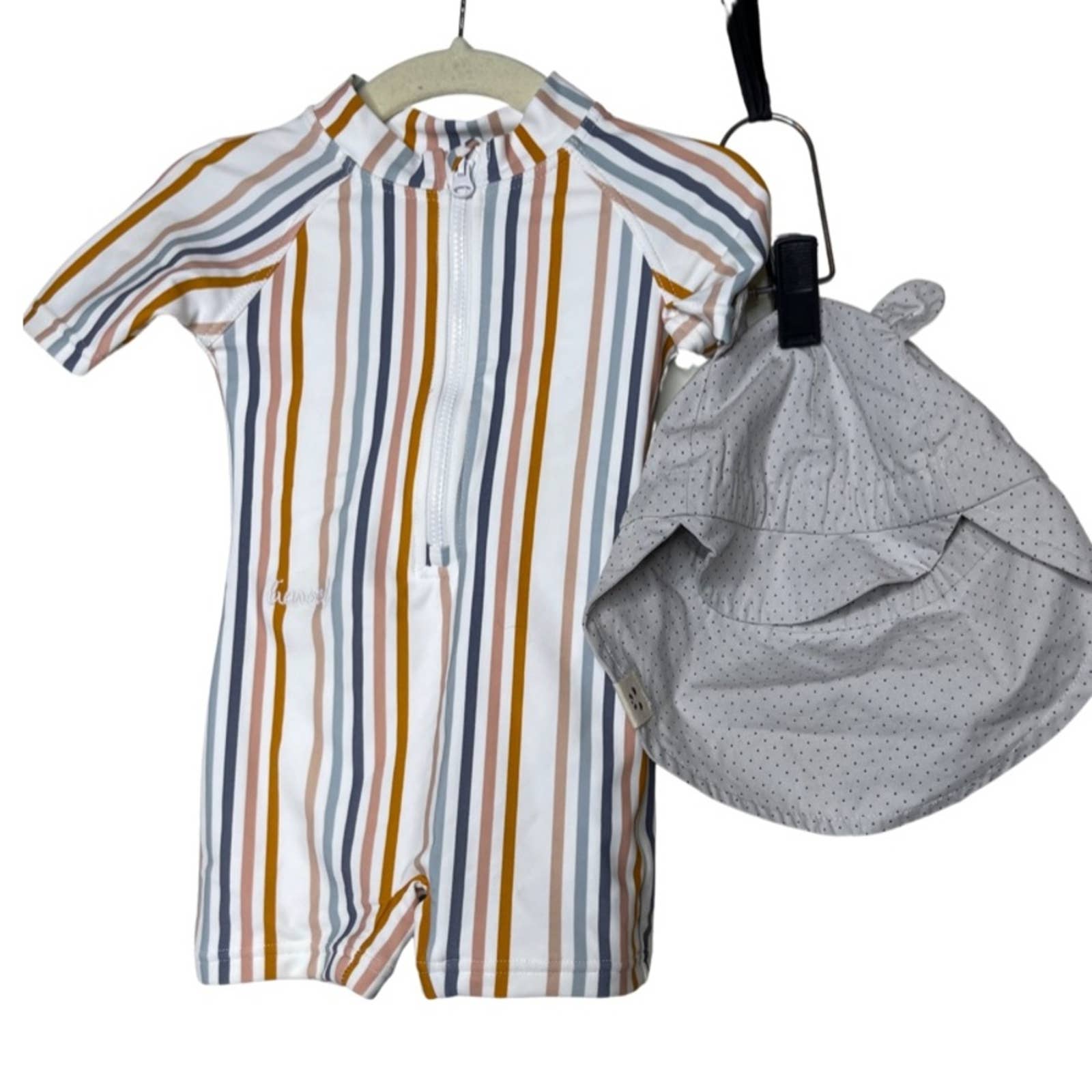 Liewood Blue orange Seersucker Stripe Max Sun unisex baby suit and sun hat
