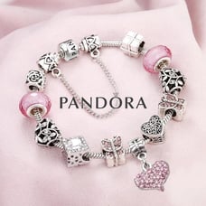 Pandora silver snake chain bracelet with pink love heart European charms size7.9