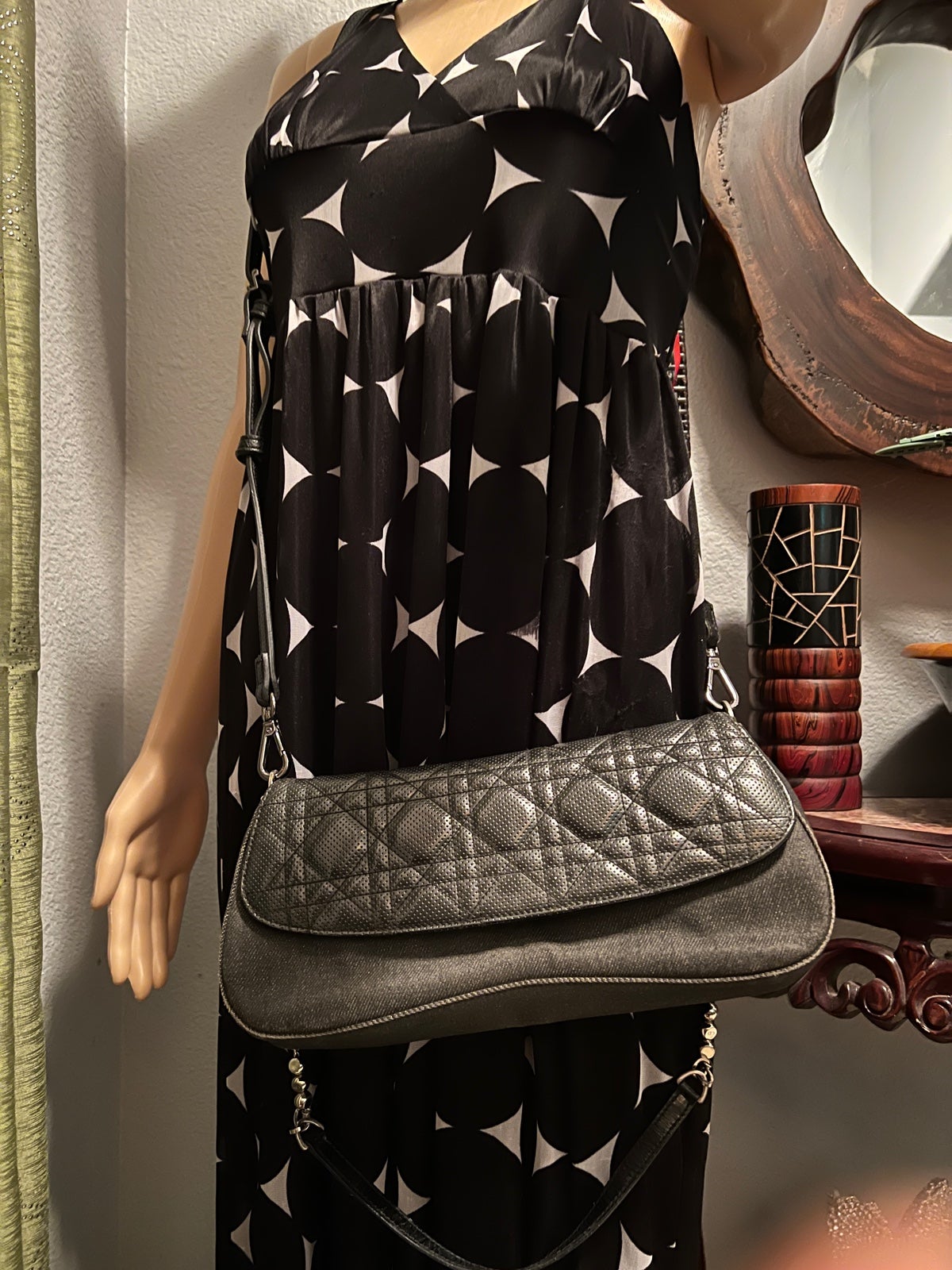 Christian Dior Canage Shoulder Bag Leather Canvas Black Authentic