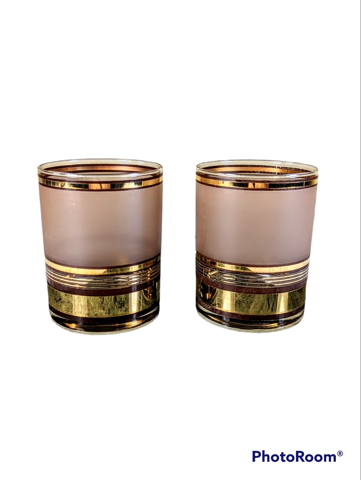 Culver Mid Century Gold Stripe Frosted Bar Tumblers Set of 2 Vintage MCM