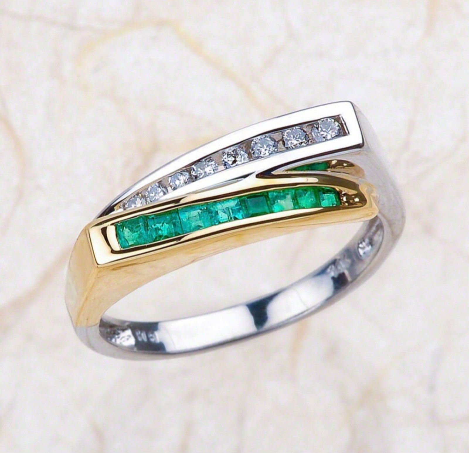1980 Vtg .40 ct. t.w. Emerald and .16 ct. t.w. Diamond Ring 14kt Two-Tone Sz 8