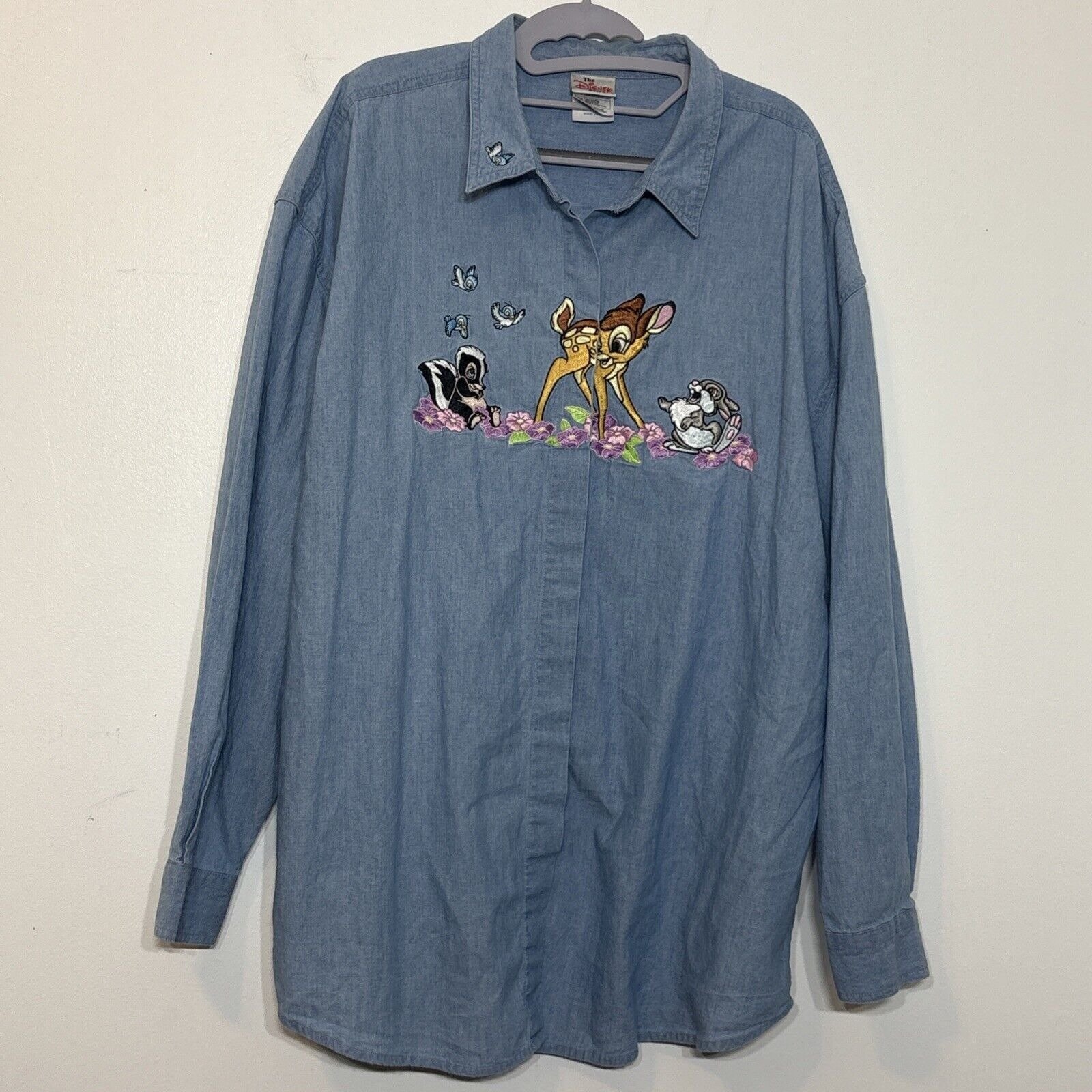 Disney Store Bambi Thumper Flower Vintage 90s Y2K Embroidered Denim Shirt XXL