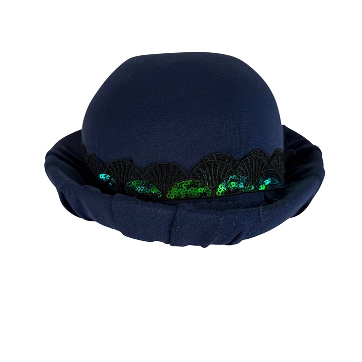 Wool Bowler Hat Navy With Black Lace Green Sequin Trim Elegant Classic Style