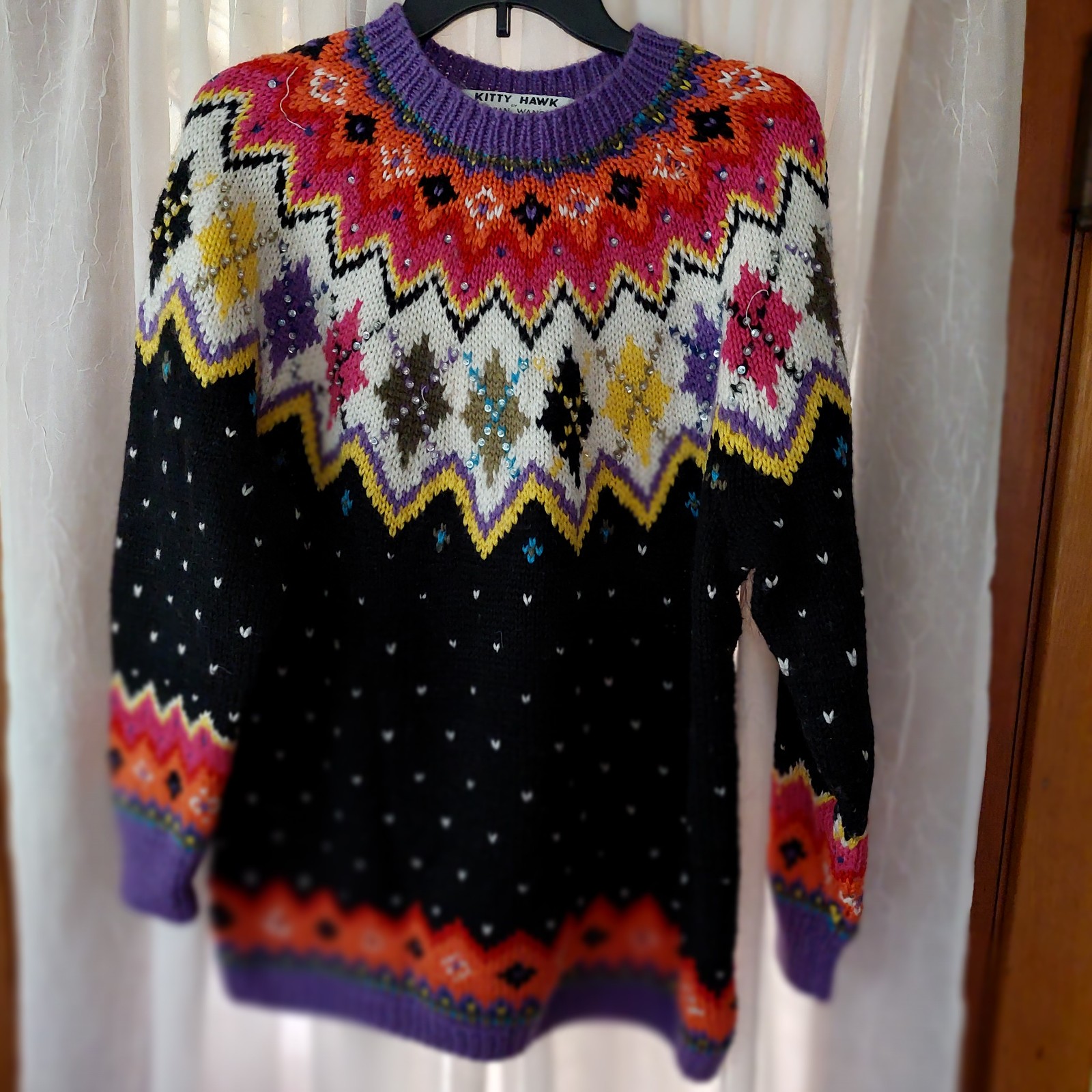 Vintage Kitty Hawk Vivian Wang Sweater Medium Black Red Sequined Argyle Pullover