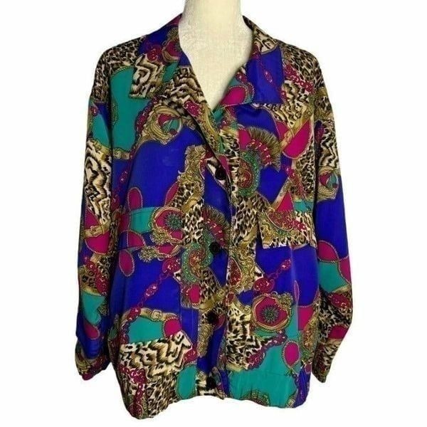Vintage 90s Baroque Style Jacket XL Leopard Jewelry Buttons Pockets