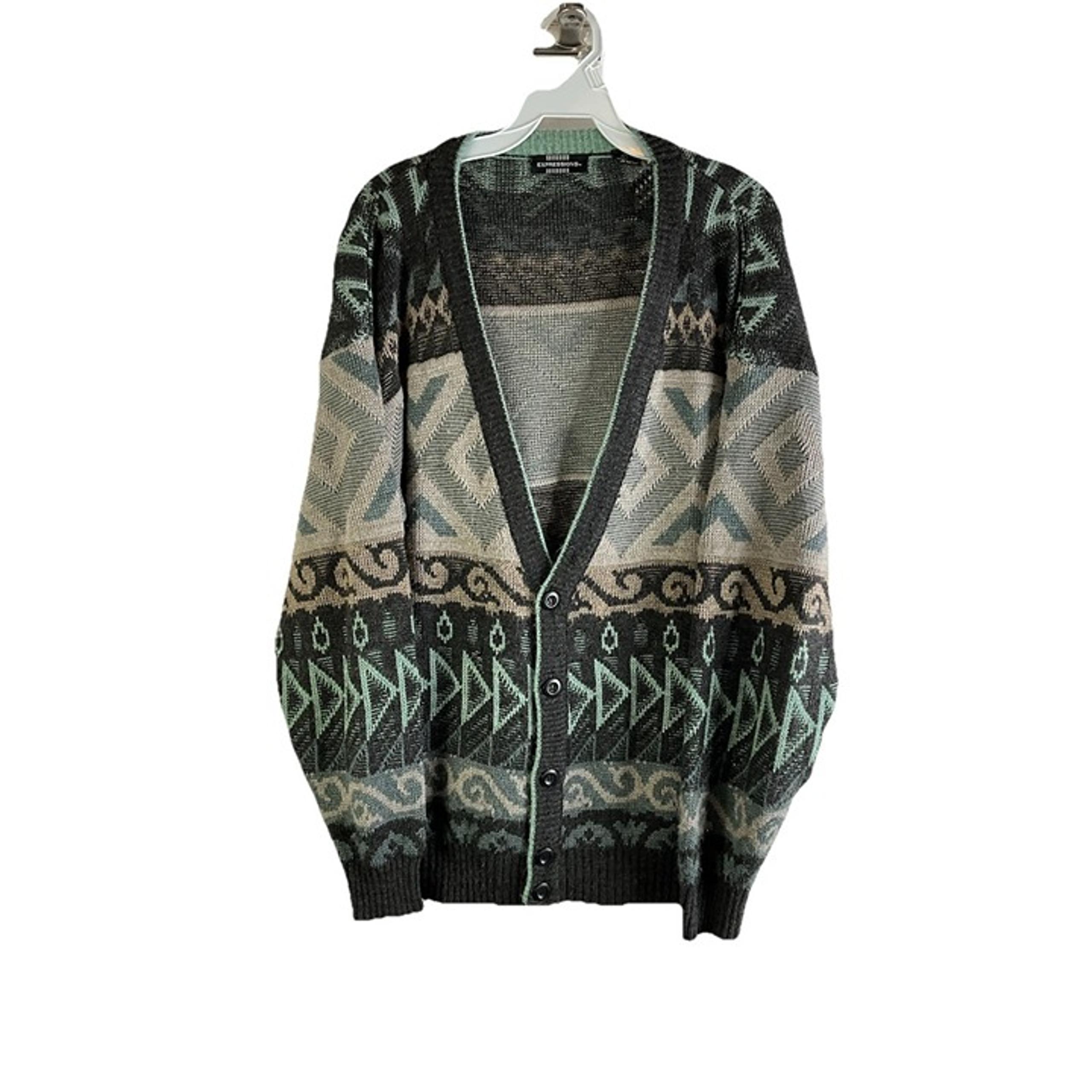 Vintage 80s Mens Large Pastel Abstract Knit Dad Cardigan Sweater Streetwear