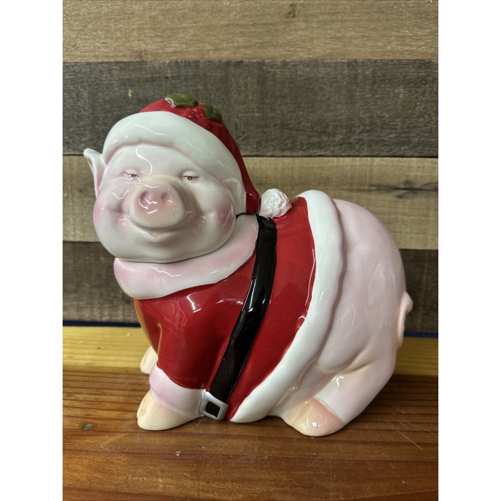 Christmas Santa Pig Hand Painted Ceramic Cookie Jar Farm In Box