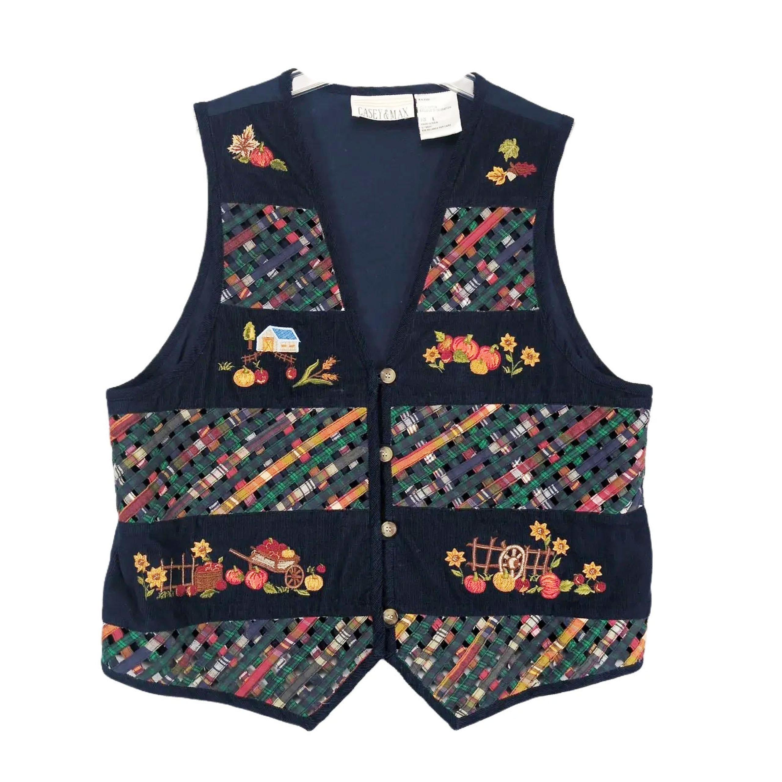 Vintage Casey & Max Women's L Embroidered Fall Corduroy Vest, Patchwork Lattice