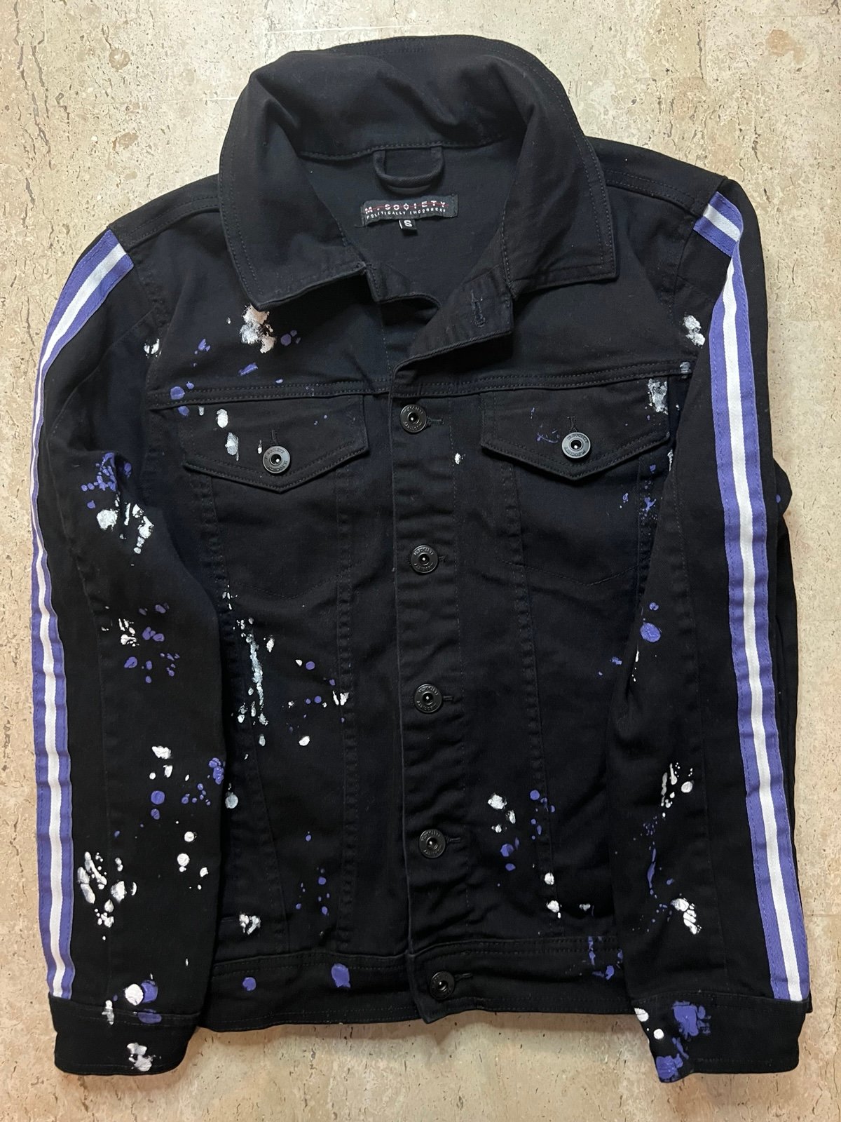 M. Society Politically Incorrect Paint Splatter Black Denim Jacket Size Small