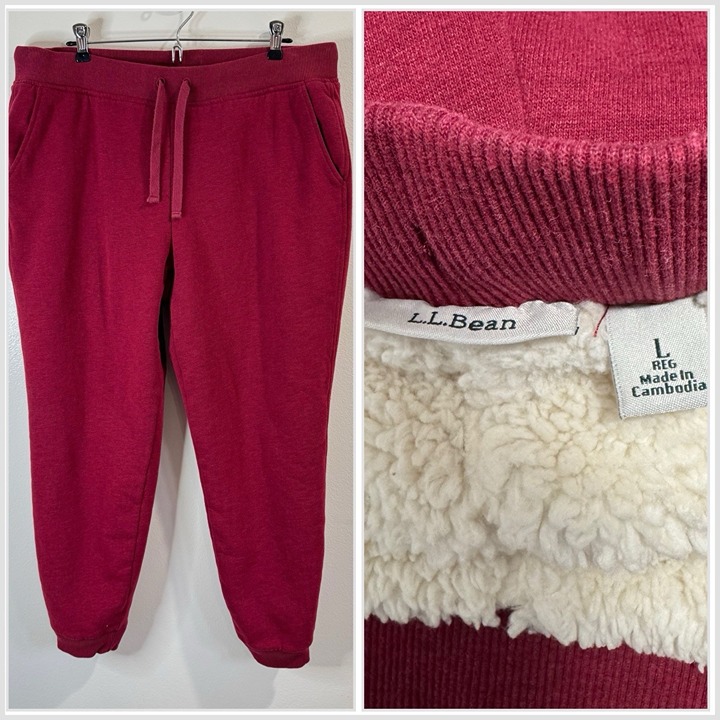 Vintage L.L. Bean Jogger Pants Mens L Fleece Sherpa Fur Lined Red Pull On