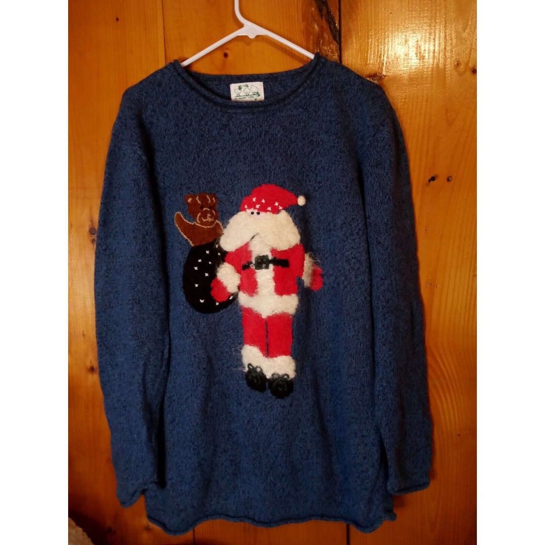 VTG Christmas Santa Double sided Knit Sweater Adult Large The Quacker Factory