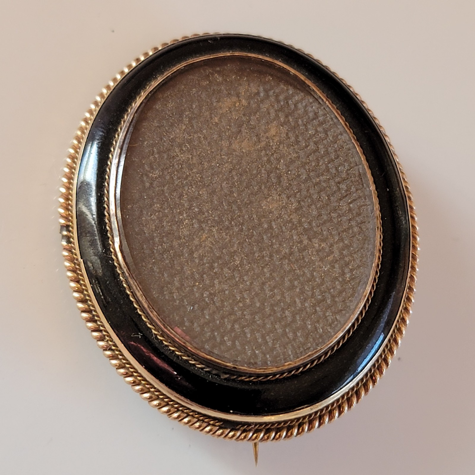 Antique Victorian Oval Mourning Enamel Woven Hair Brooch