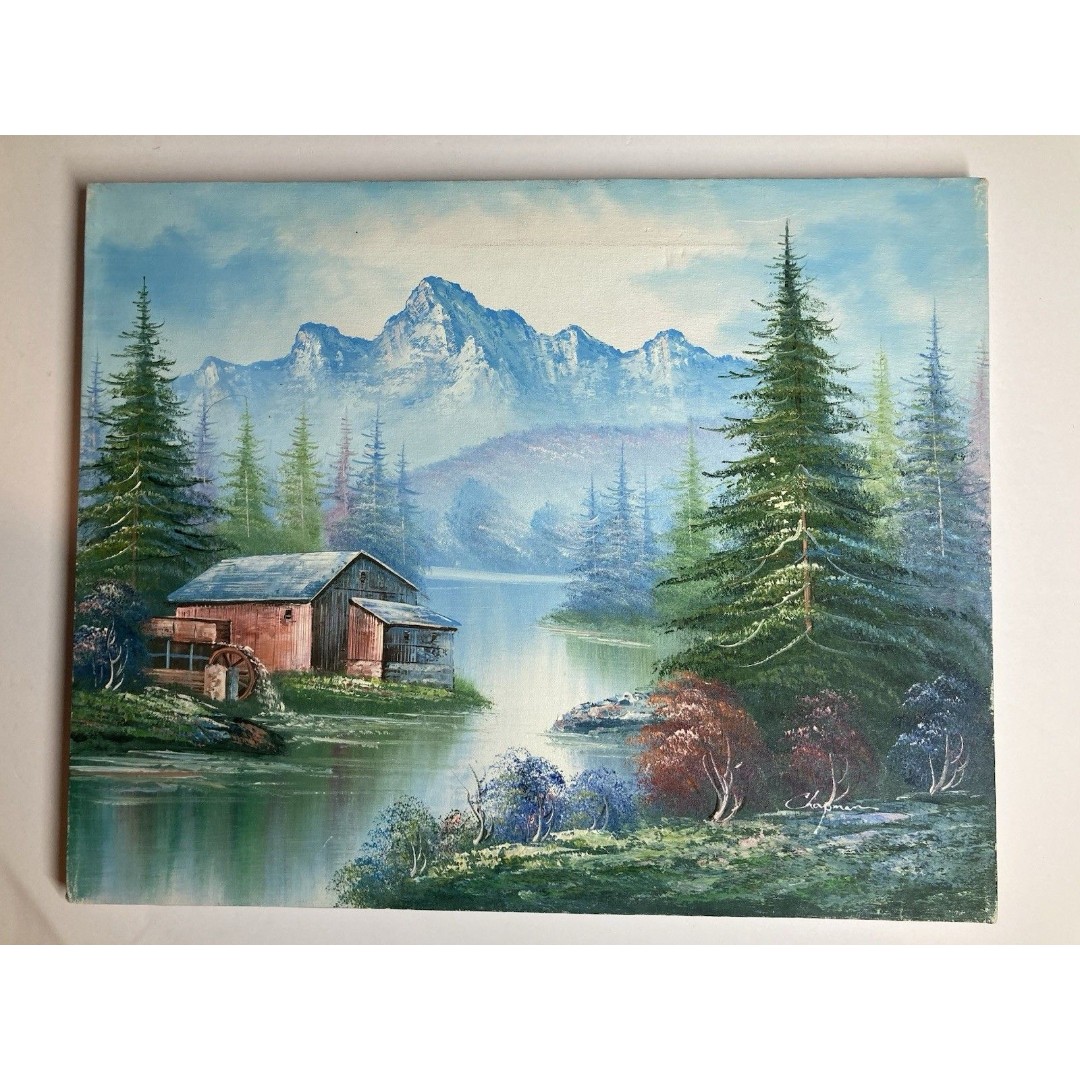Original Canvas Painting Shed With Stream And Mountain Signed Chapman 20 X 16 in