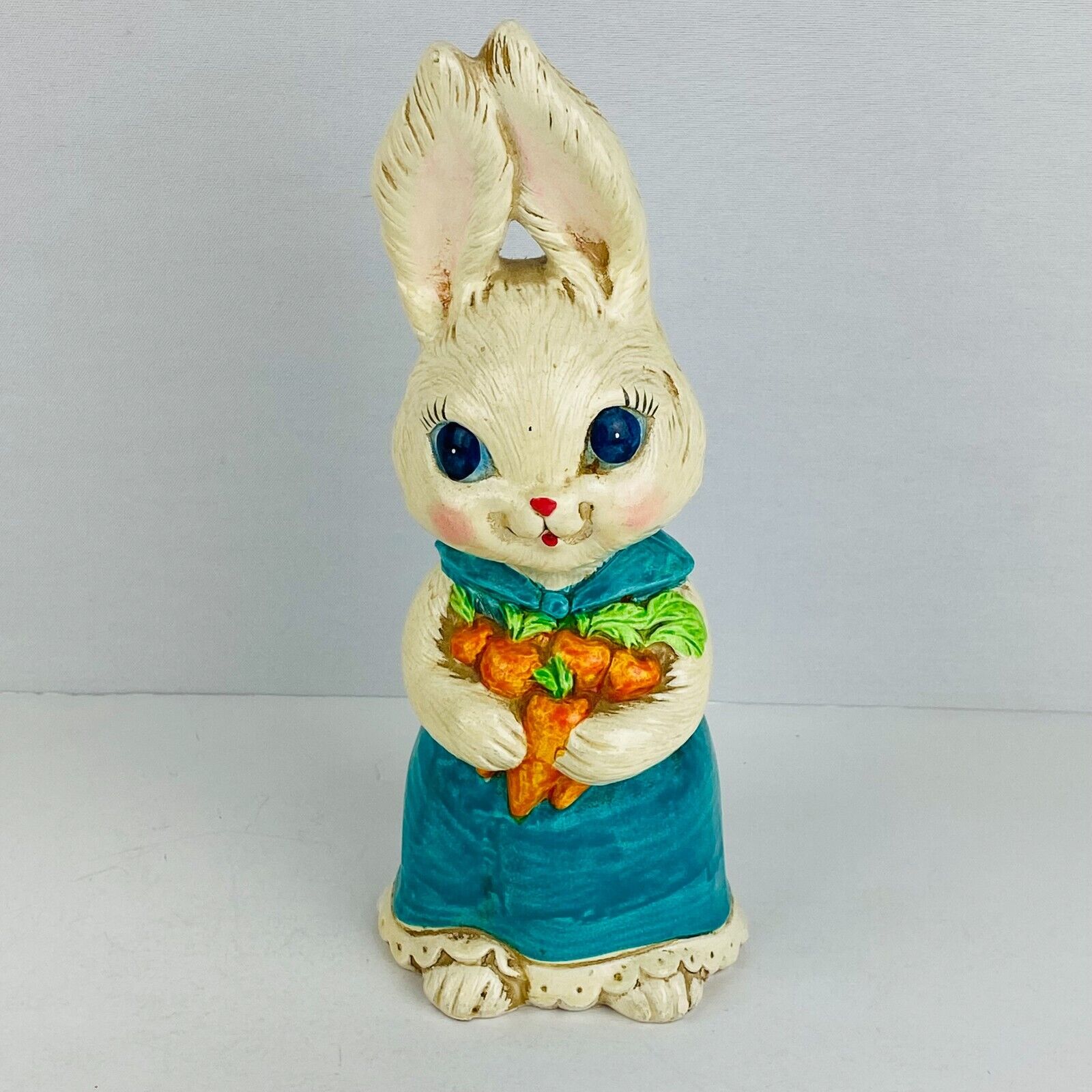 Chalkware Animorphic Country Bunny Rabbit Teal Dress Carrying Carrots Japan