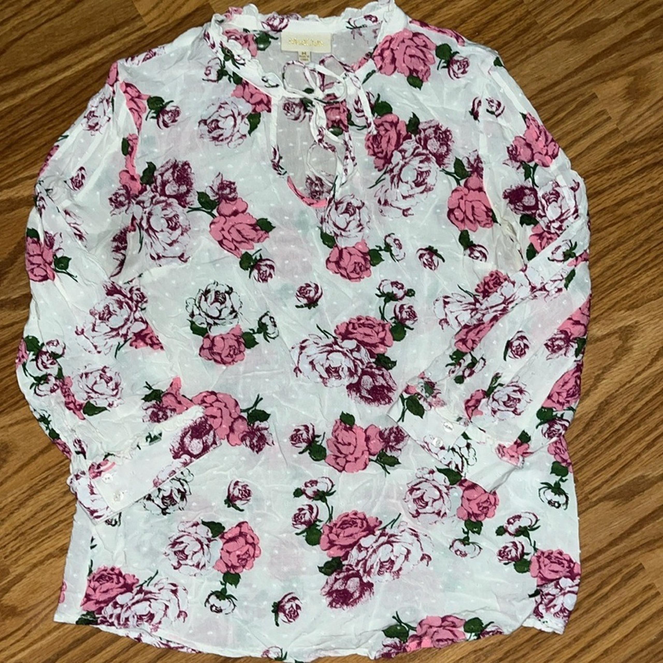 ModCloth Womens White Floral Blouse swiss dot size Medium Top 100% rayon