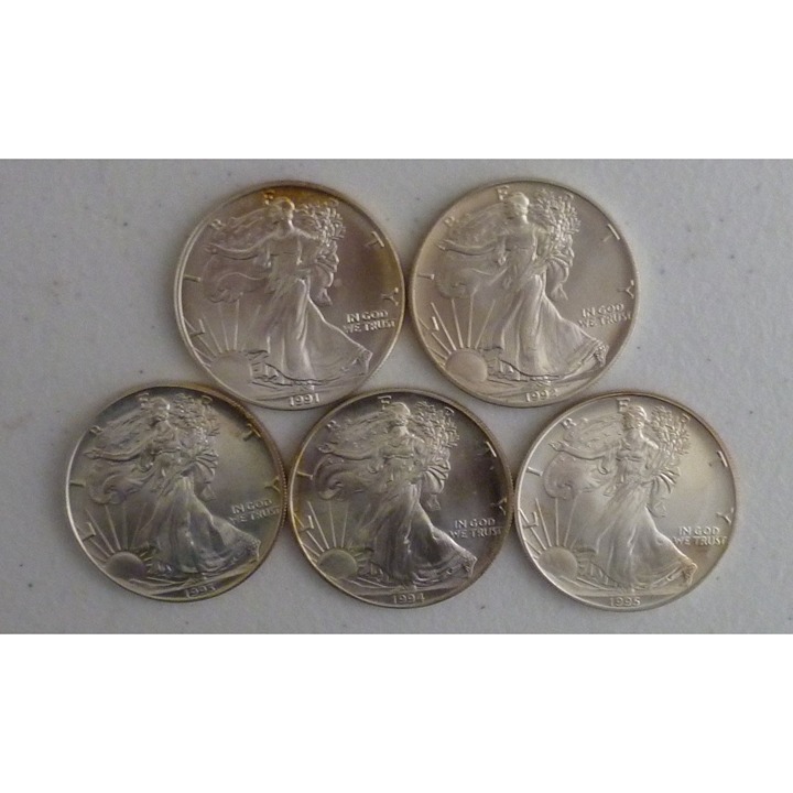 5 American Silver Eagle 1 Dollar Coins 1991, 1992, 1993, 1994, 1995 Rim Toned