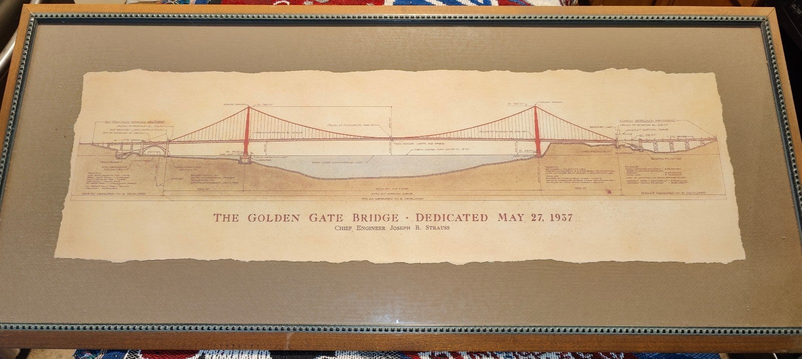 Golden Gate Bridge vintage blueprint print Joseph Strauss 1937