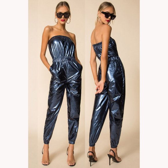 EDGY CHIC Revolve Superdown Lani Strapless Jumpsuit in Metallic Blue