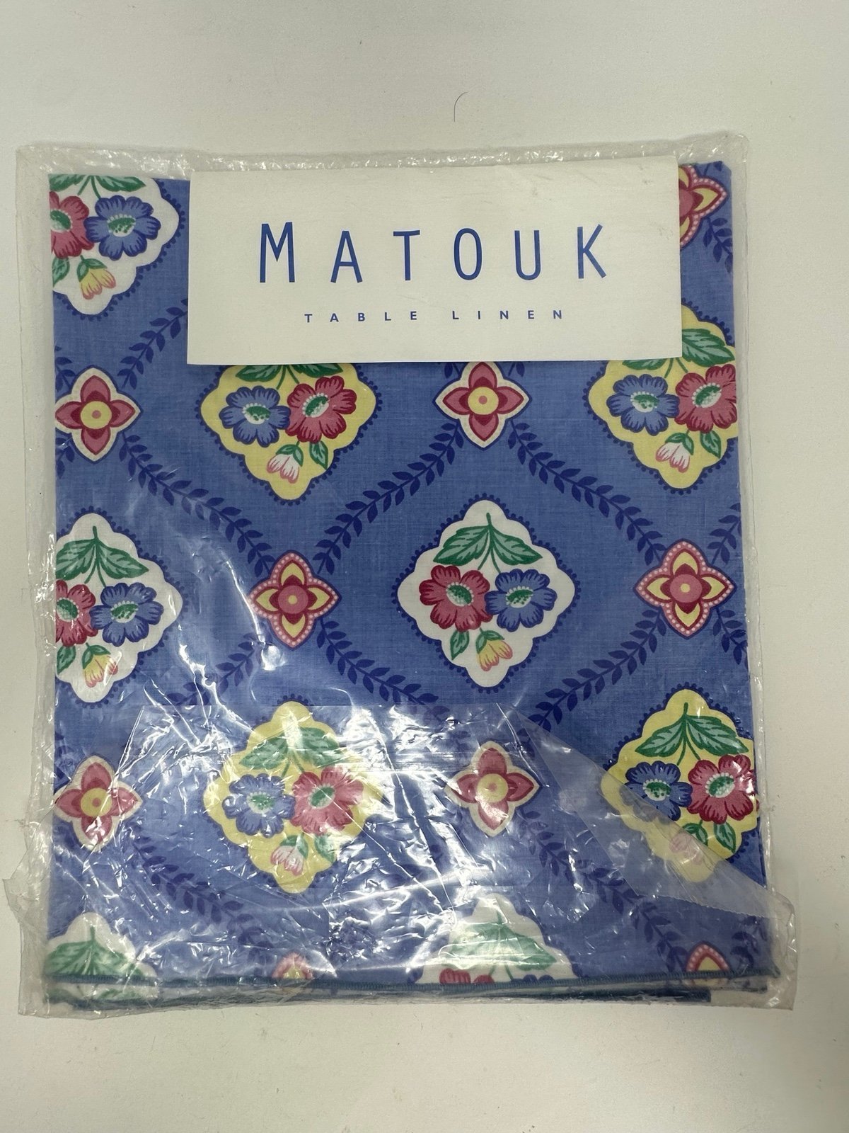 Matouk Table Linen 54 x 54 Square Blue Floral Pattern Cotton Tablecloth USA