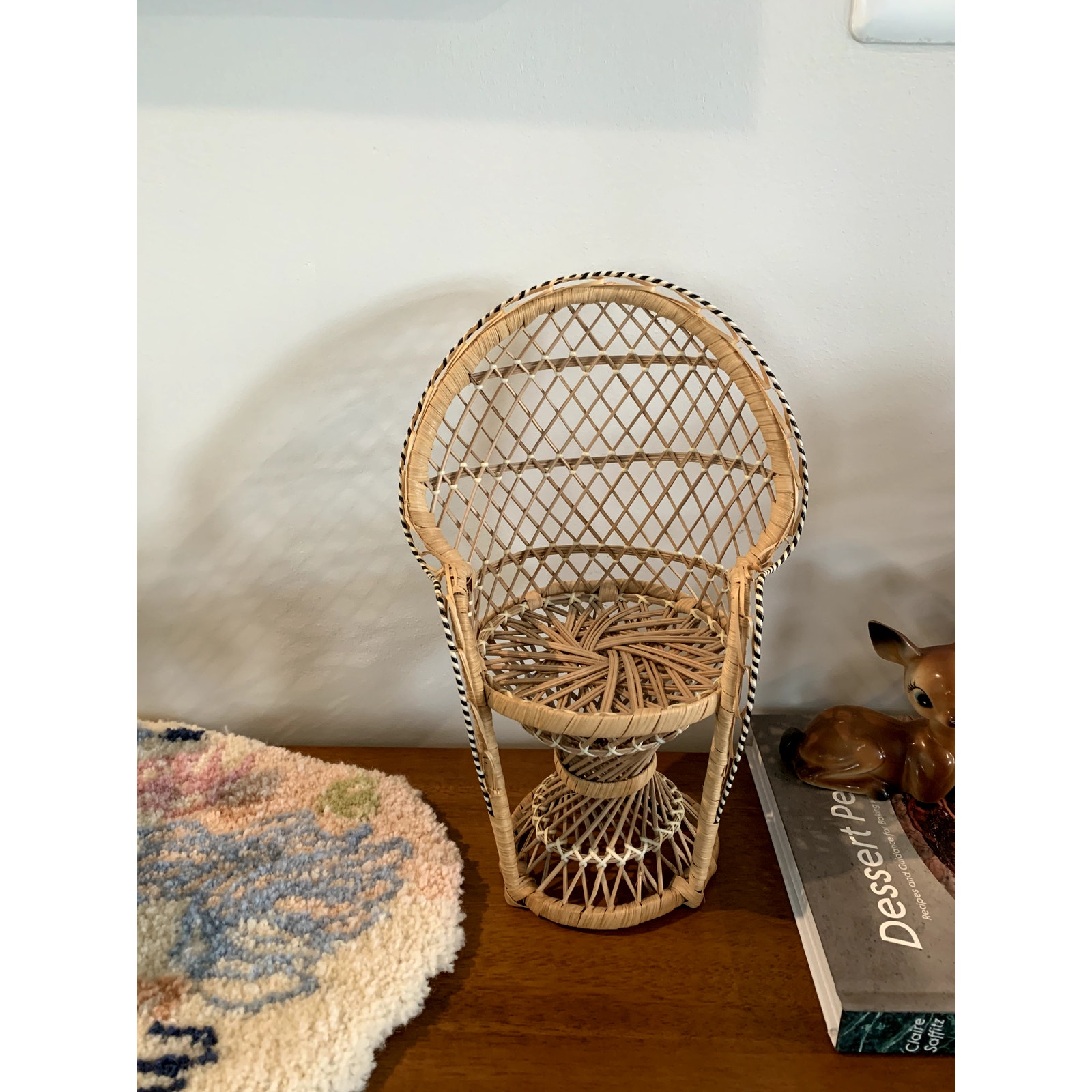 Small Rattan Peacock Wicker Miniature Chair Plant Stand Vintage Decor