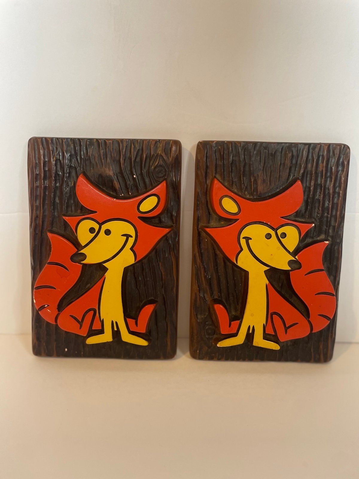 Vintage Miller Studio Wall Hanging Fox Chalkware Pair 1972 Kitsch Orange