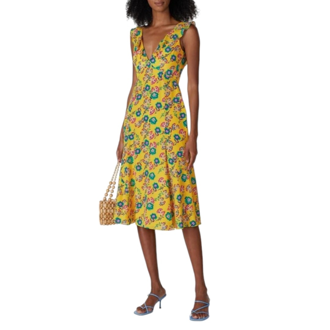 Saloni Holly Women's Spring Silk Babydoll Dress Sz 4 Yellow Floral Boho Cottage