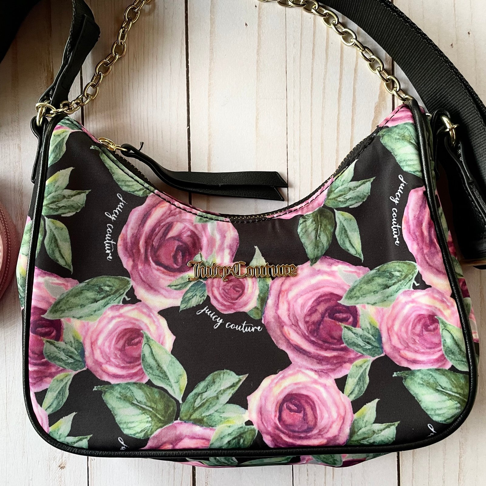 JUICY COUTURE Small Black Floral Shoulder Bag Purse Y2K 90s Retro Designer Luxe