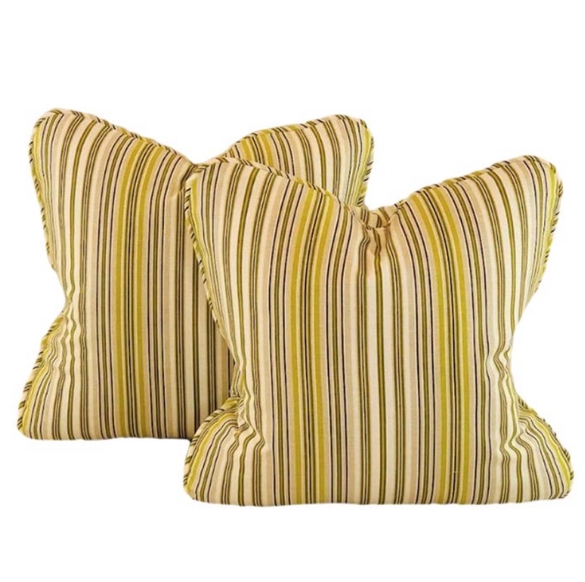 Pair Premier Prints MM Designs Brown Green Ivory Pin Stripe Pillow Covers