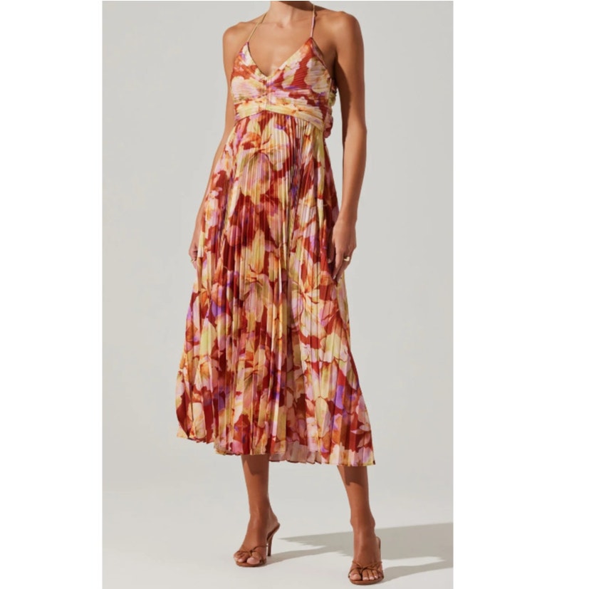 ASTR THE LABEL WOMENS MEDIUM BLYTHE FLORAL MIDI DRESS COCKTAIL PARTY RUST YELLOW