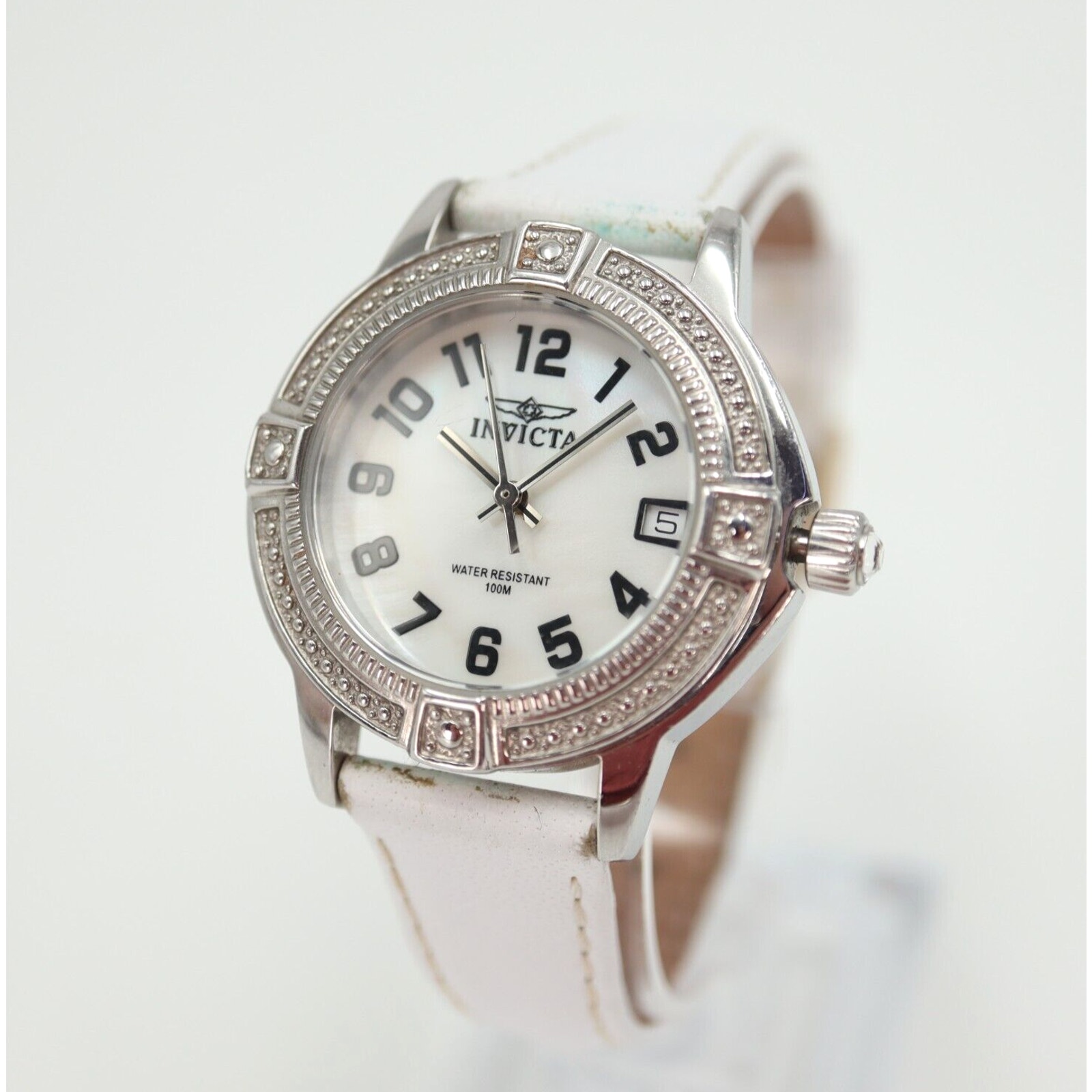 Invicta Womens Watch 33mm Silver Tone MOP Dial White Leather 100m w New Battery